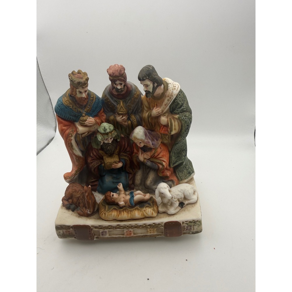 Vintage Ceramic Nativity Scene Music Box Hand Painted Christmas Holy Family